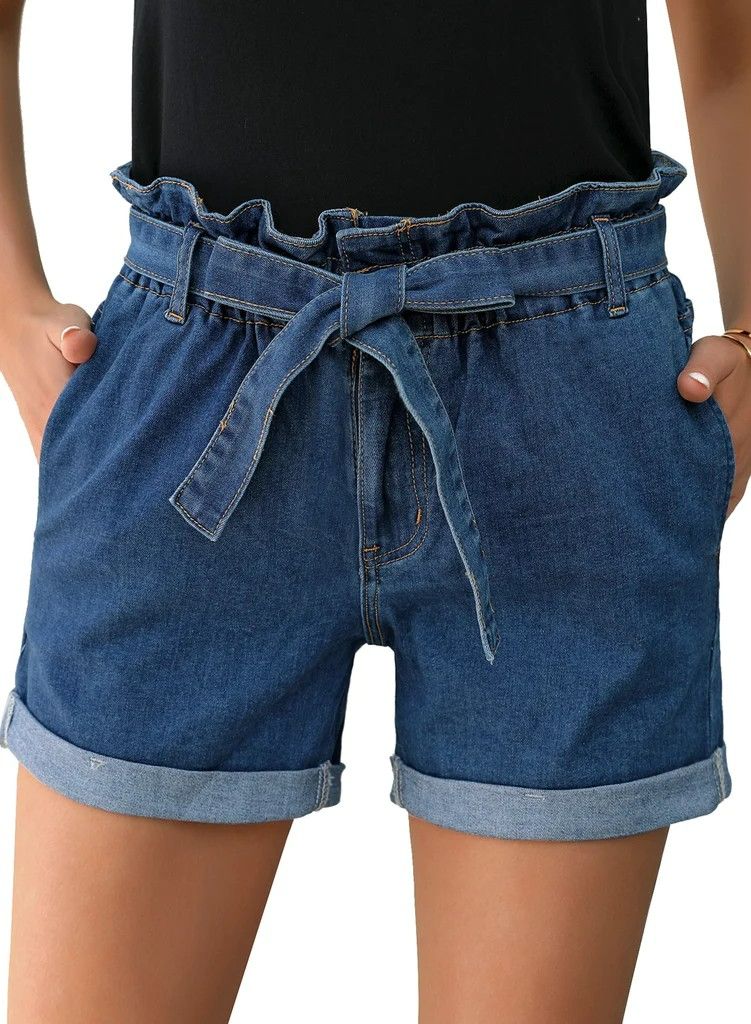 #700579 High Rise Elastic Waist Belted Cuffed Denim Jean Shorts Size: 2XL