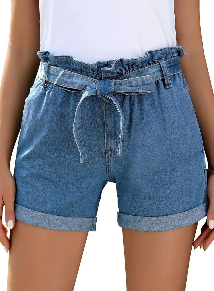 High Rise Elastic Waist Belted Cuffed Denim Jean Shorts Size: 1XL