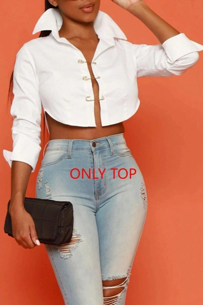White Non-Stretch Long Sleeve Crop Blouse Size: M