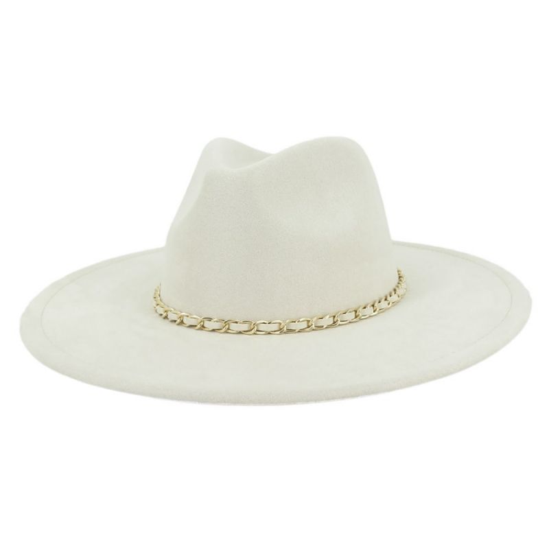 Cream Chain Decor Suede Top Fedora Hat