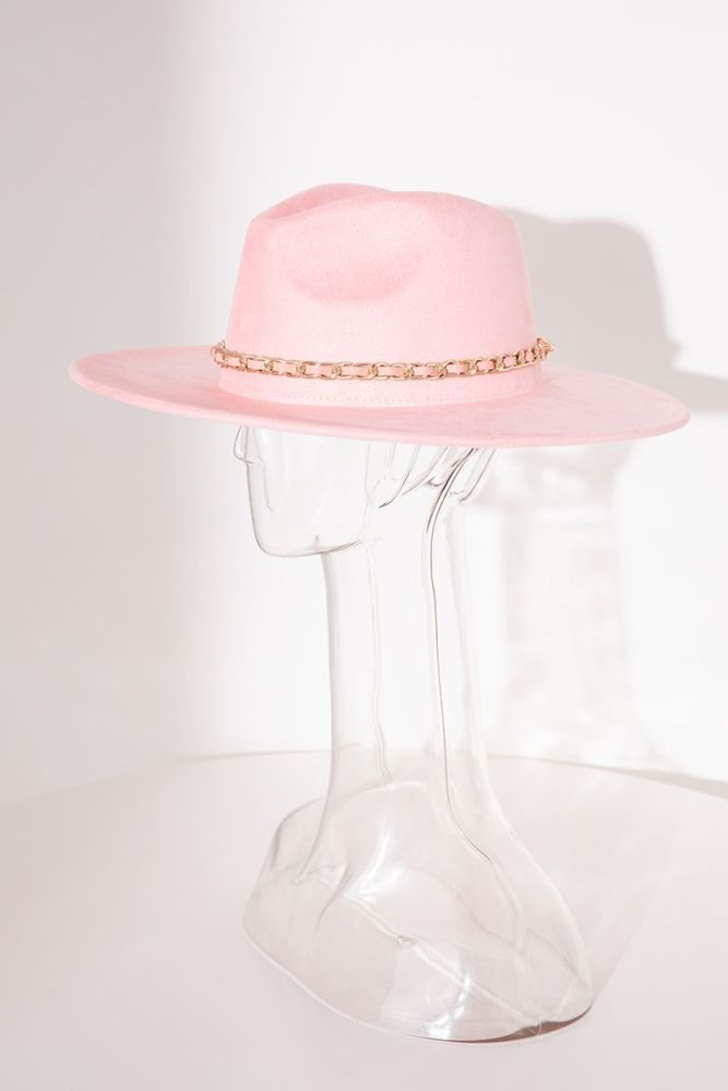 Pink Chain Decor Suede Top Fedora Hat