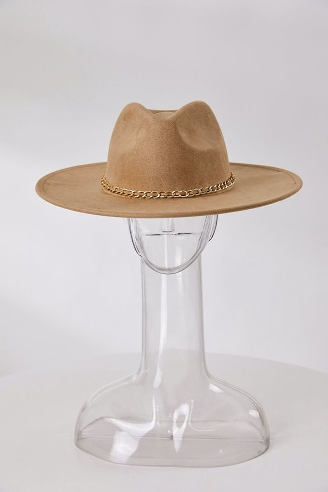 Khaki Chain Decor Suede Top Fedora Hat