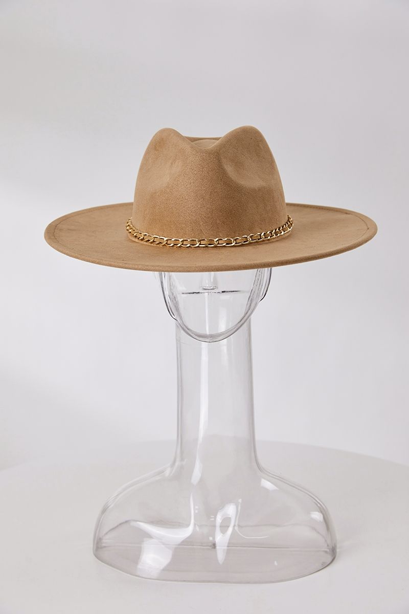 Khaki Chain Decor Suede Top Hat Size: 56-58cm
