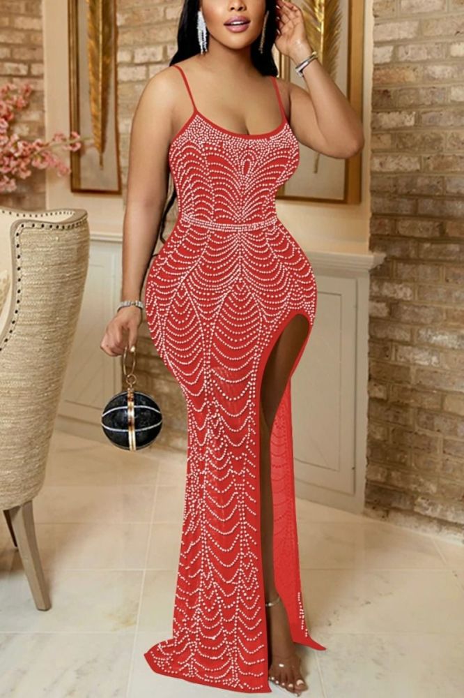 #CV806 Red Rhinestone Decor Mesh High Slit Mermaid Maxi Dress Size: L