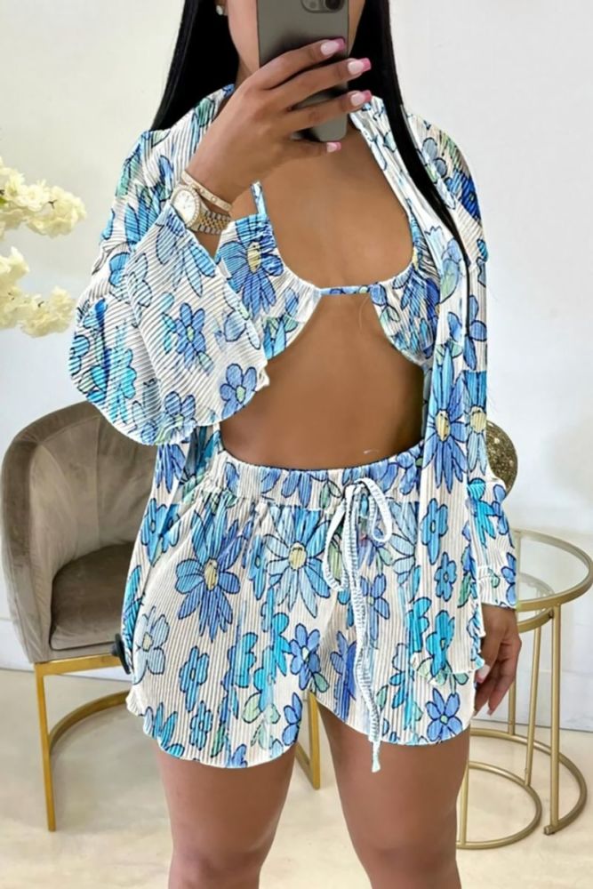 Stretch Loose Flower Printed Pleated Short Set Size: 1XL