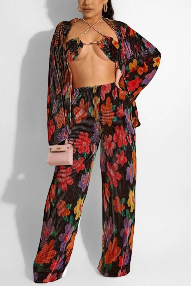 3-Piece Stretch Flower Printed Loose High Pants Set Size: 1XL