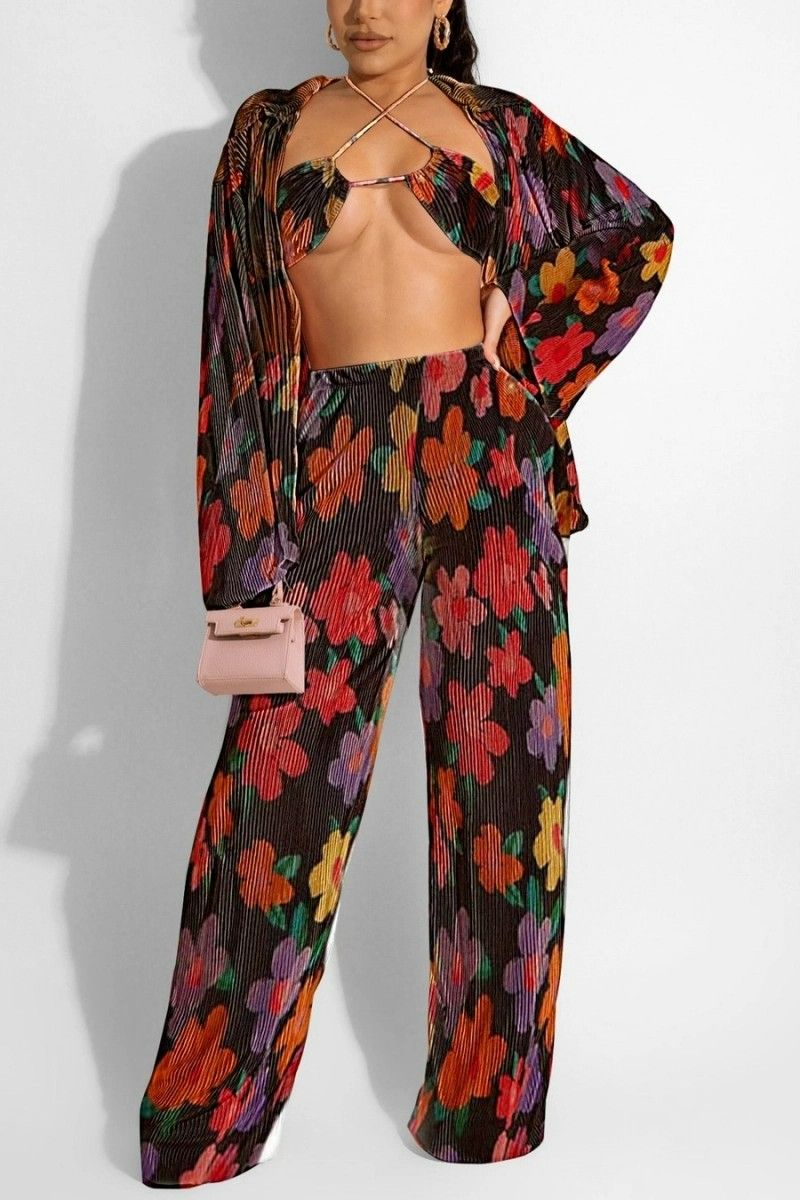 Stretch Flower Printed Loose High Pants Set Size: 1XL