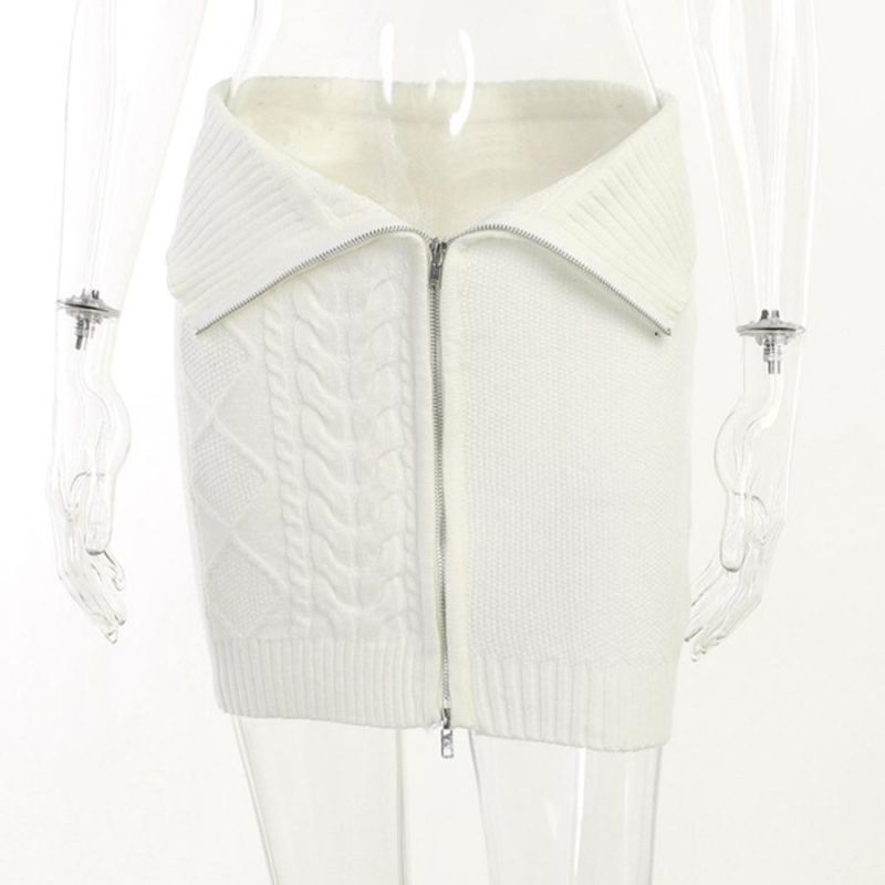 White Stretch Knitting Zip-Up Design Skirt Size: M
