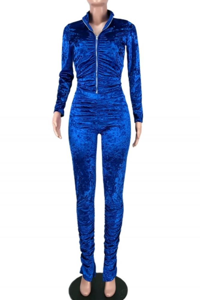 Blue Velvet Zip-Up Long Sleeve Stretch Pants Set Size: L