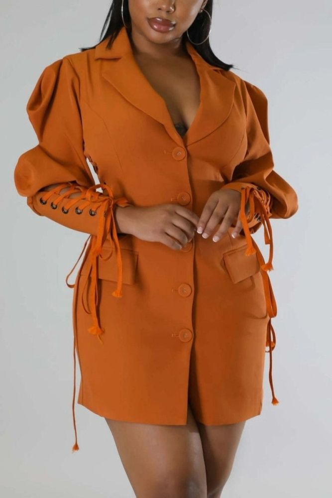 #CRCKD Non-Stretch Lace-Up Orange Blazer Dress Size: L