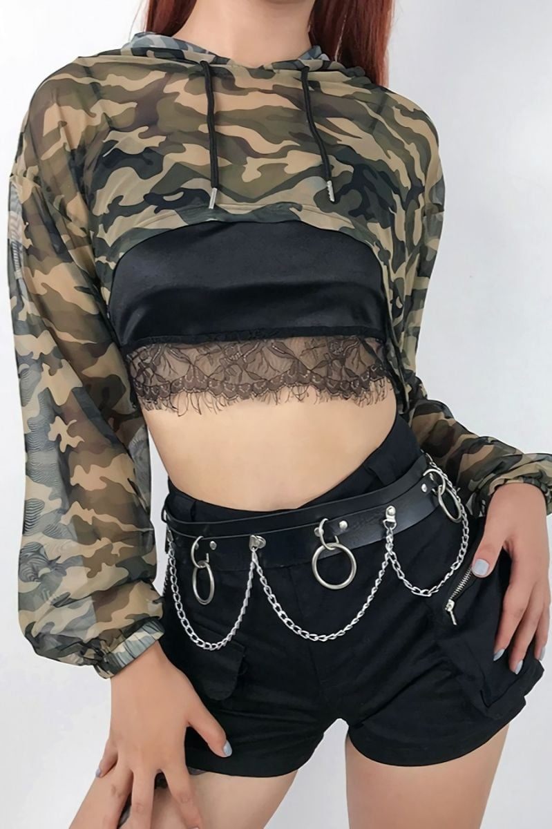 Camo Print Hooded Loose Stretch Mesh See Through Top (without lining)