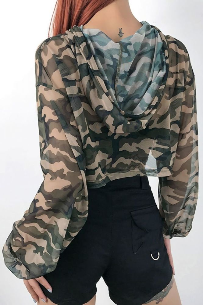 Camo Print Hooded Loose Stretch Mesh See Through Top (without lining)