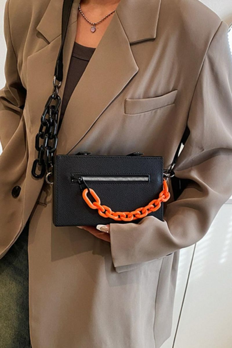 Orange PU Acrylic Chain Box Shape Crossbody Bag