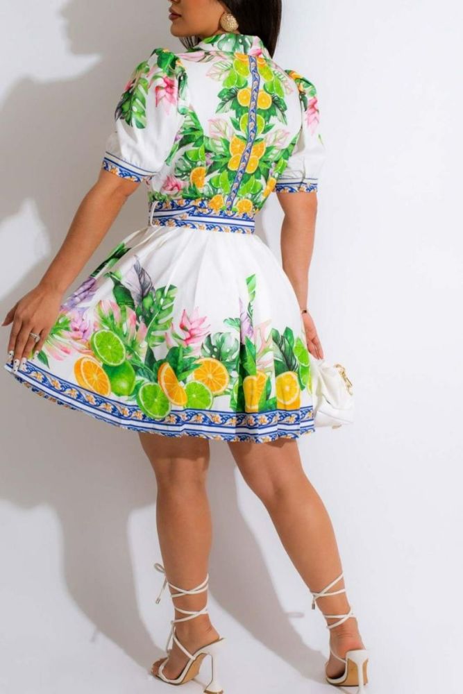 #D34343 Belted Non-Stretch Fruit Printed Pleated Mini Dress Size: 1XL