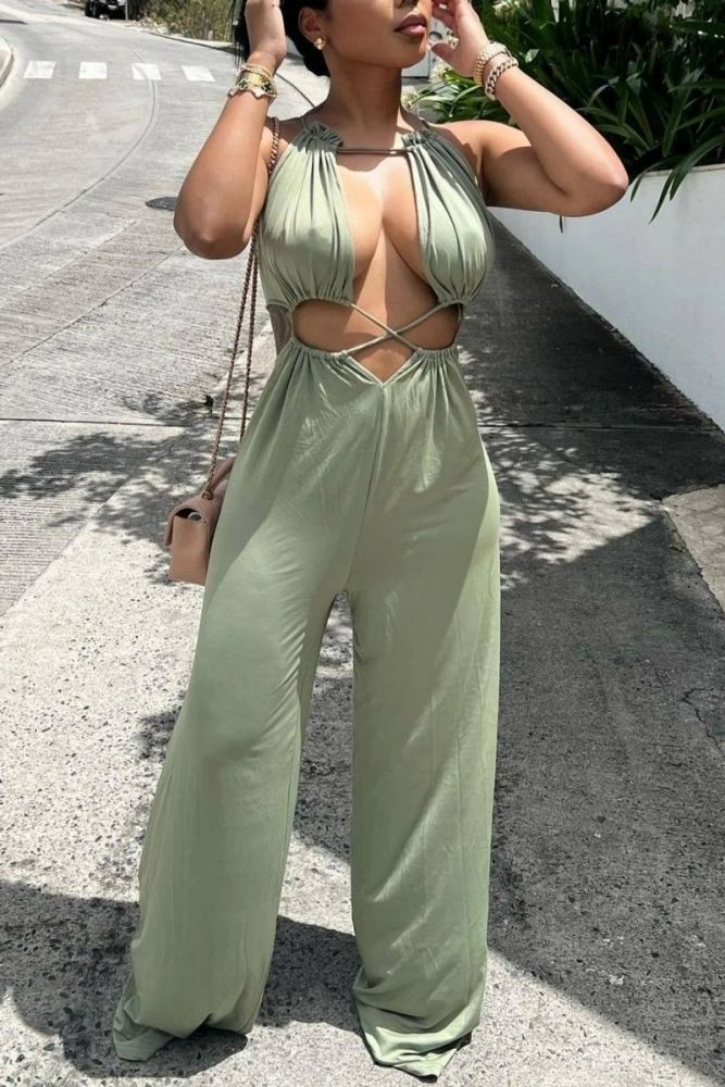 Green Stretch Lace-Up Jumpsuit Size: 1XL