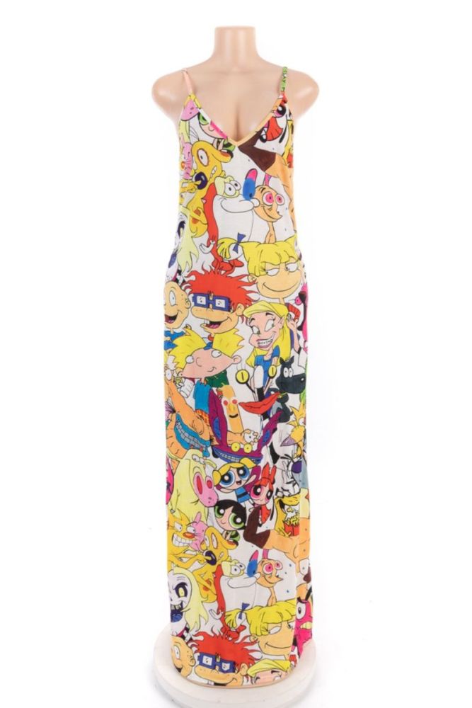 #D8675 Cartoon Printed V-Neck Stretch Loose Fit Maxi Dress Size: 1XL