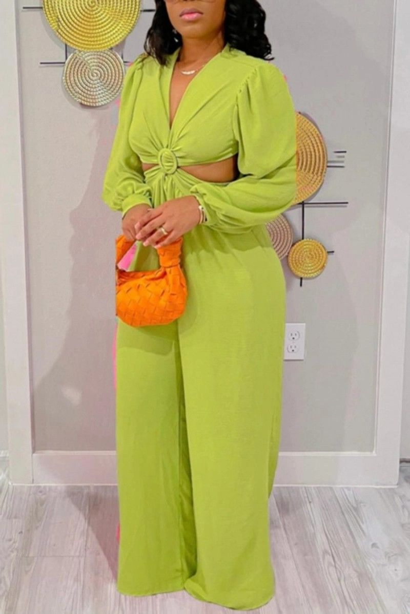 Light Green Stretch Long Sleeve Backless Wide-Leg Jumpsuit Size: 1XL