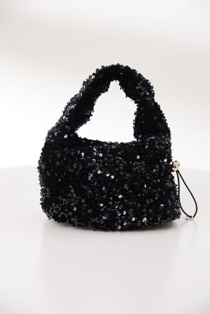 Black Sequin Decor Zip-Up Handbag