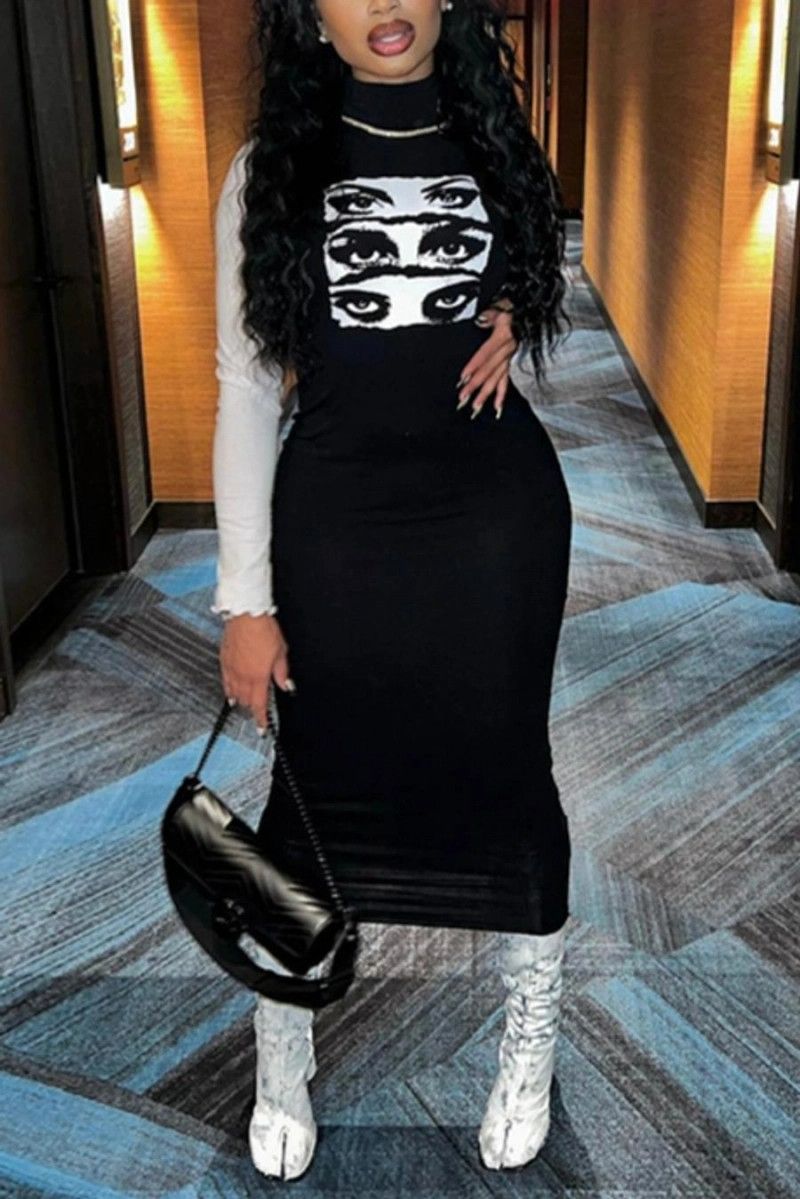 Black Stretch Fixed Print Sleeveless Midi Dress Size: L