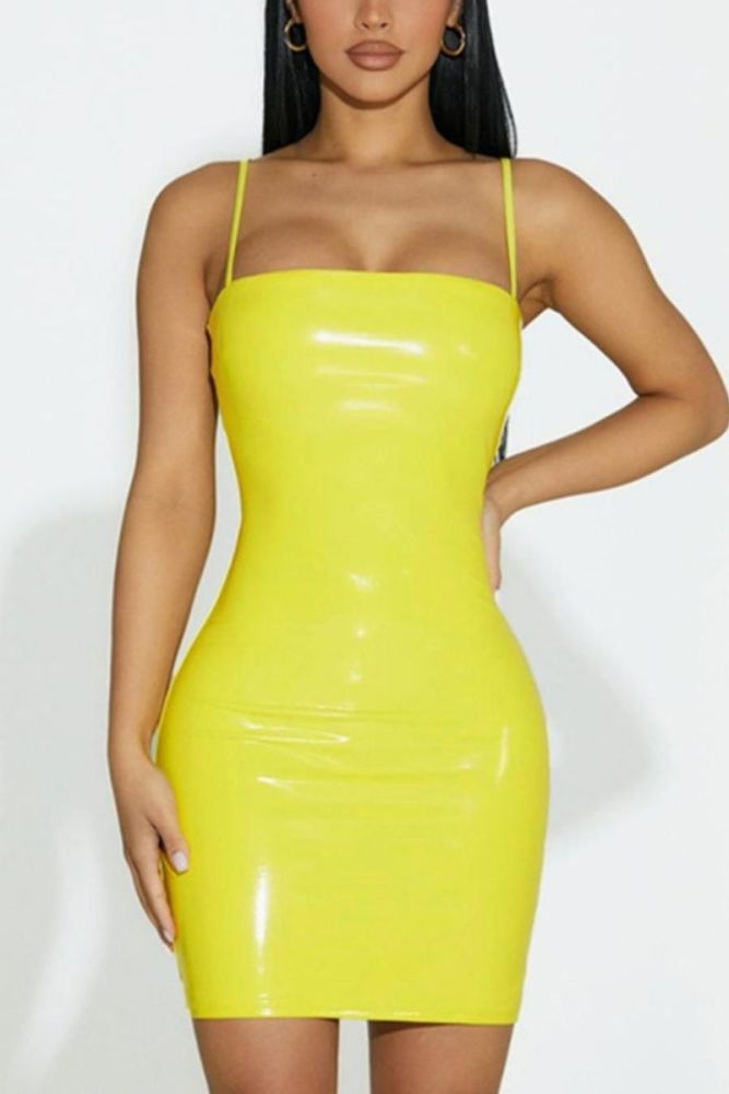 #BZ110 Yellow Stretch PU Leather Bodycon Mini Dress Size: M