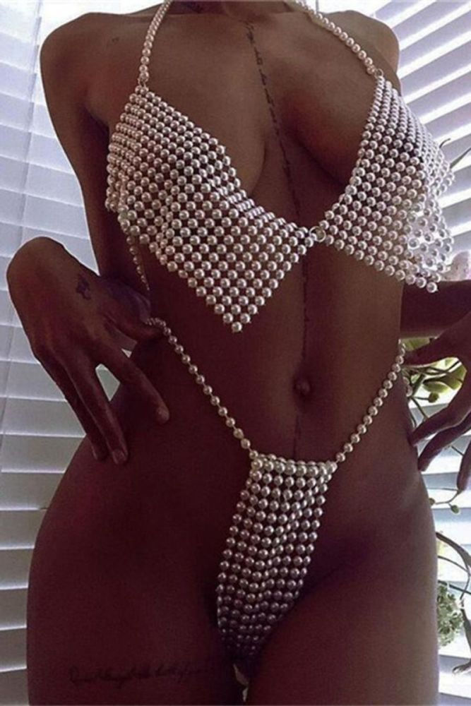 Silver Two Piece Set Halter Neck Pearl Two Piece Set Size: OS