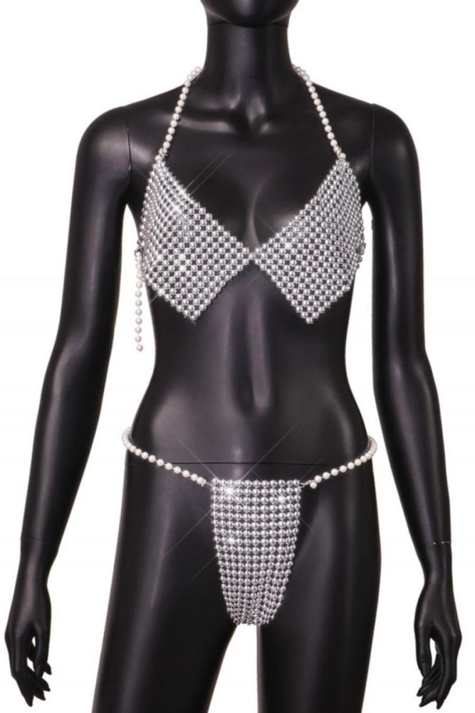 Silver Two Piece Set Halter Neck Pearl Two Piece Set Size: OS