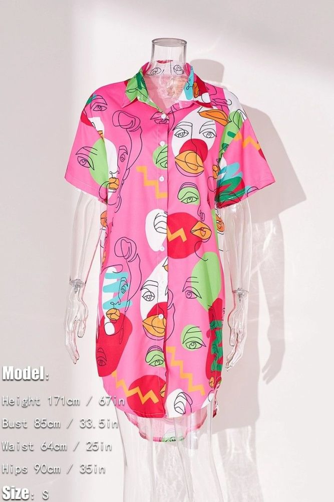 #DRT87 Casual Non-Stretch Abstract Printed Shirt Dress Size: 1XL