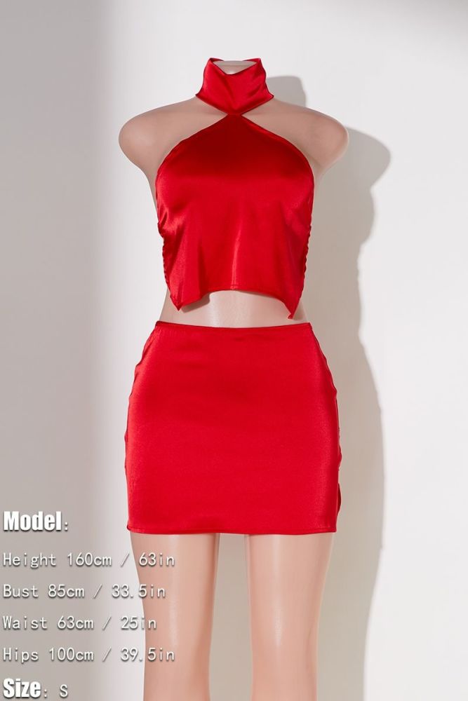 Red Satin Halter-Neck Backless Slit Mini Skirt Set Size: S
