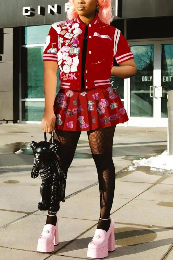 Red Non-Stretch Letter Print Baseball Jacket Skirt Set Size: L