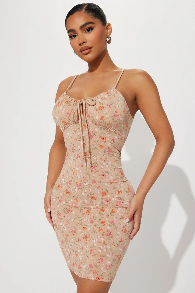 #AB104 Tan Floral Bodycon Cami Mini Dress Size: S