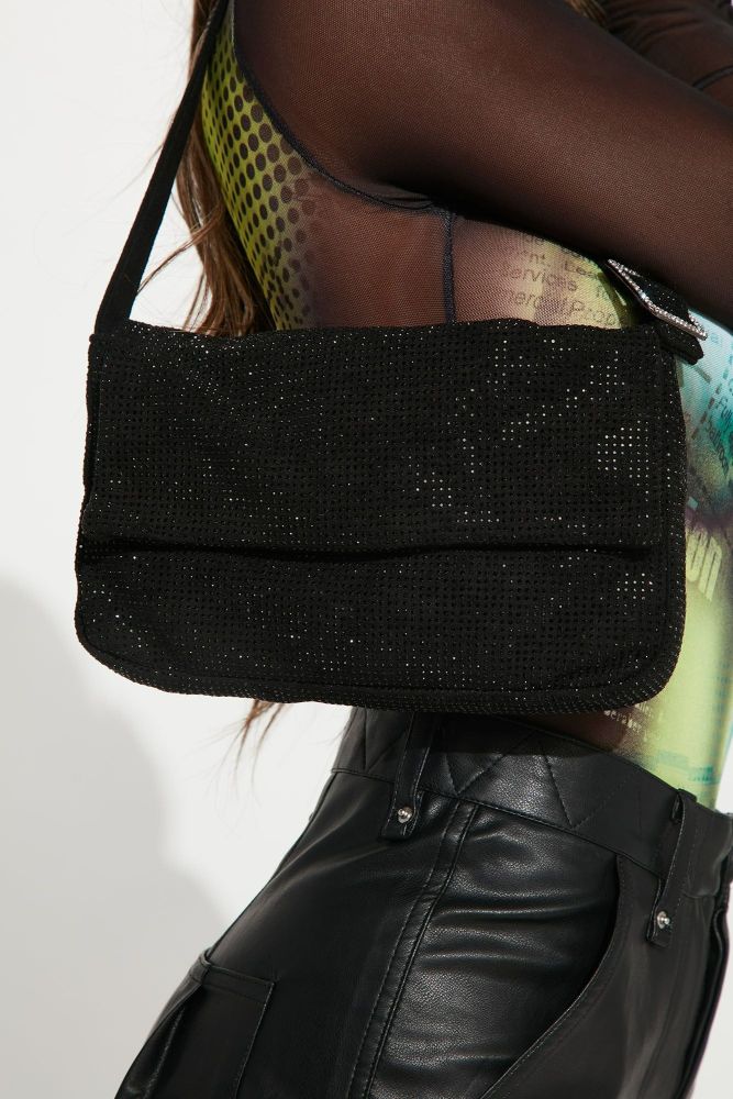 Black Rhinestone Detail Adjustable Strap Shoulder Bag