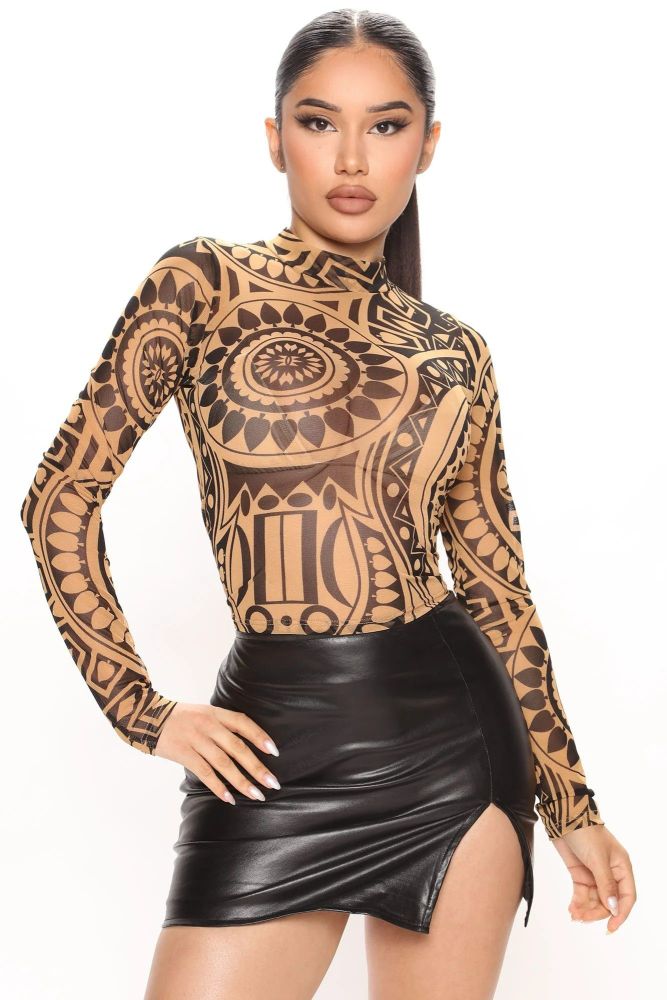 Mock Neck Long Sleeve Abstract Print Mesh Stretch Disclaimer: Print Placement Will Vary.  95% Polyester 5% Spandex
