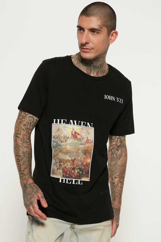 Heaven And Hell Printed Short Sleeve Black T-Shirt Size: S