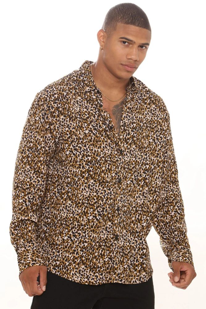 Leopard Print Wild Vibes Long Sleeve Woven Shirt Size: M