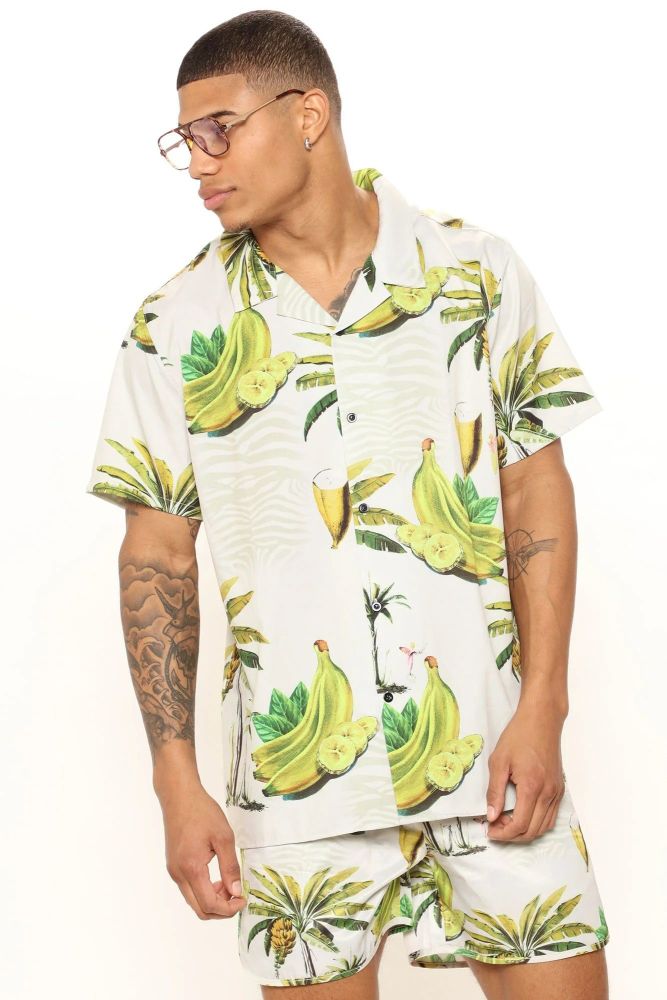 Yellow Desert Island Short Sleeve Woven Shirt Size: 3XL