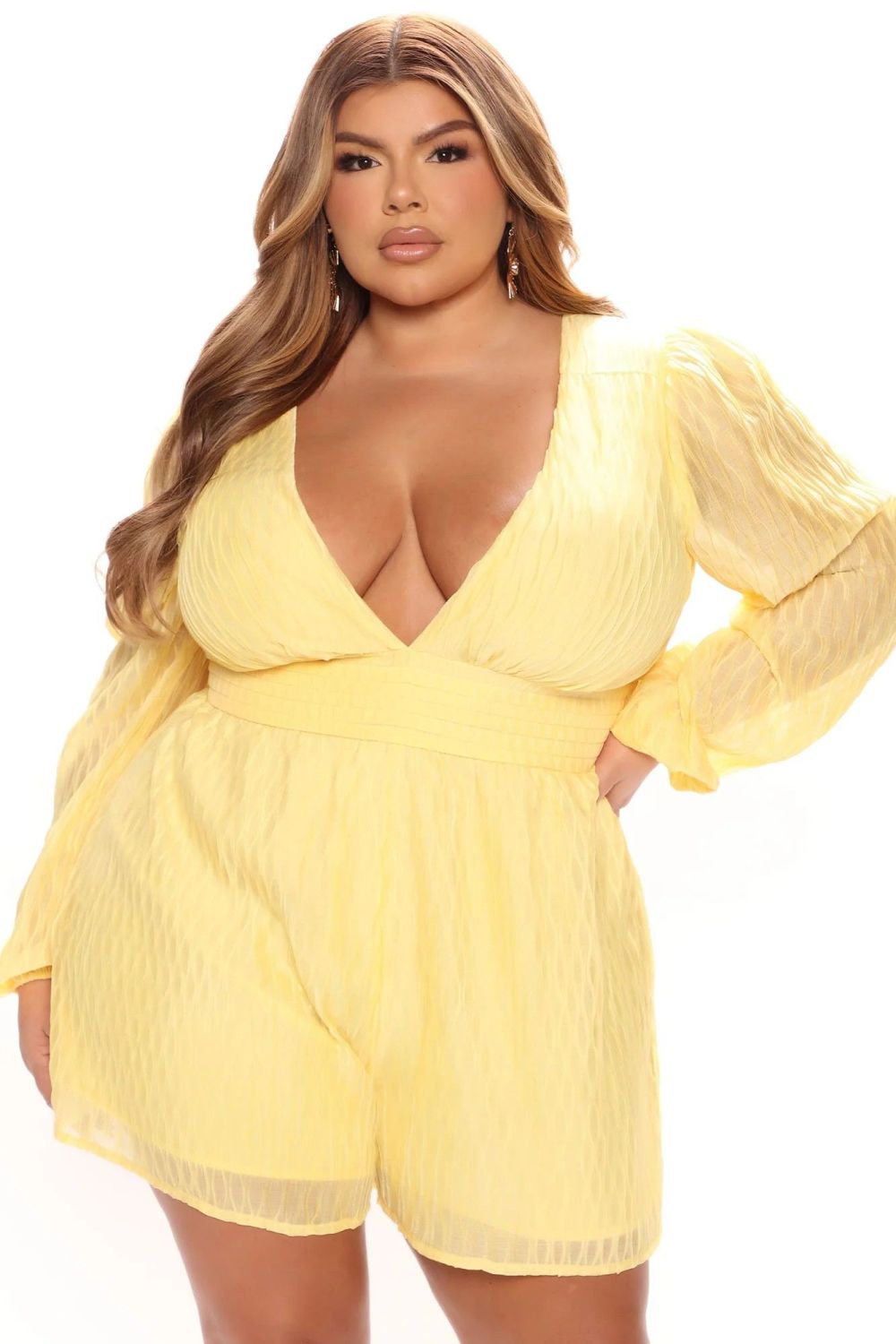 Yellow Chiffon Long Sleeve Romper Size: 1XL