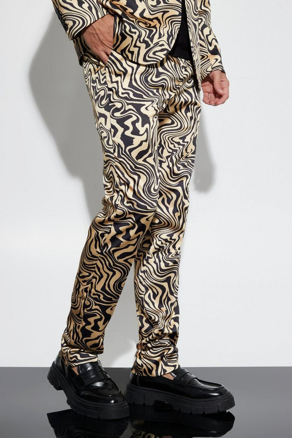 Gold Straight Leg Marble Print Satin Suit Trousers Size: 34