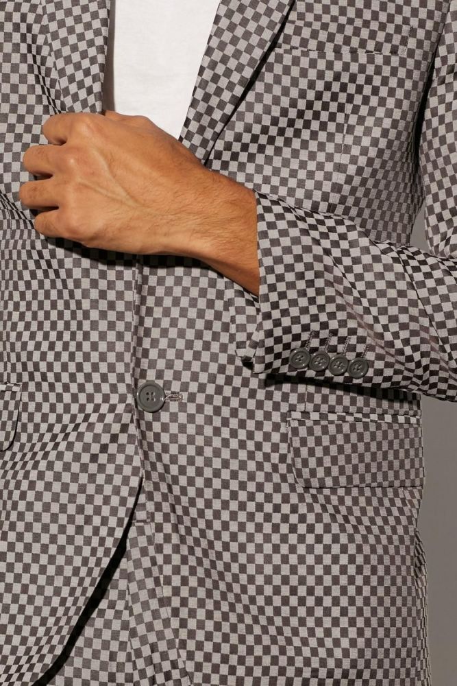 Slim Single Breasted Checkerboard Suit Grey Jacket Size: S