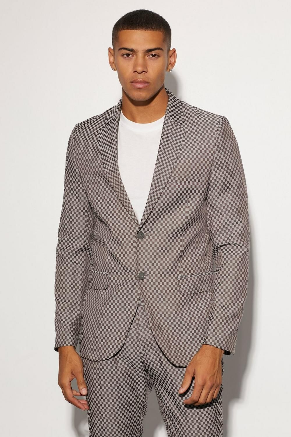 Slim Single Breasted Checkerboard Suit Grey Jacket Size: 34