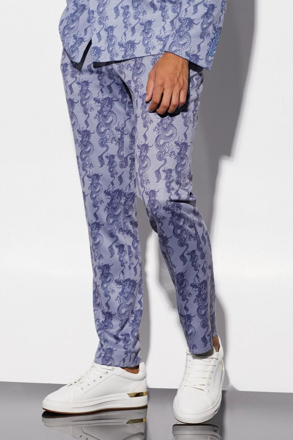 Ice Blue Slim Fit Dragon Printed Suit Trousers Size: 36