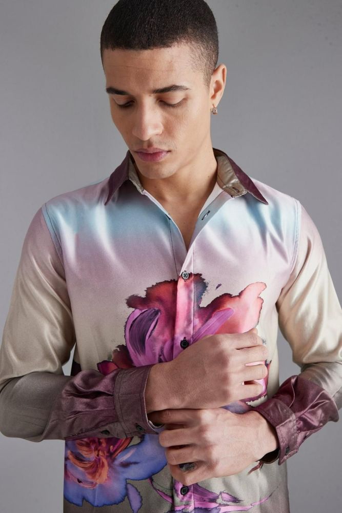 Long Sleeve Heavy Satin Floral Multi Print Shirt Size: M