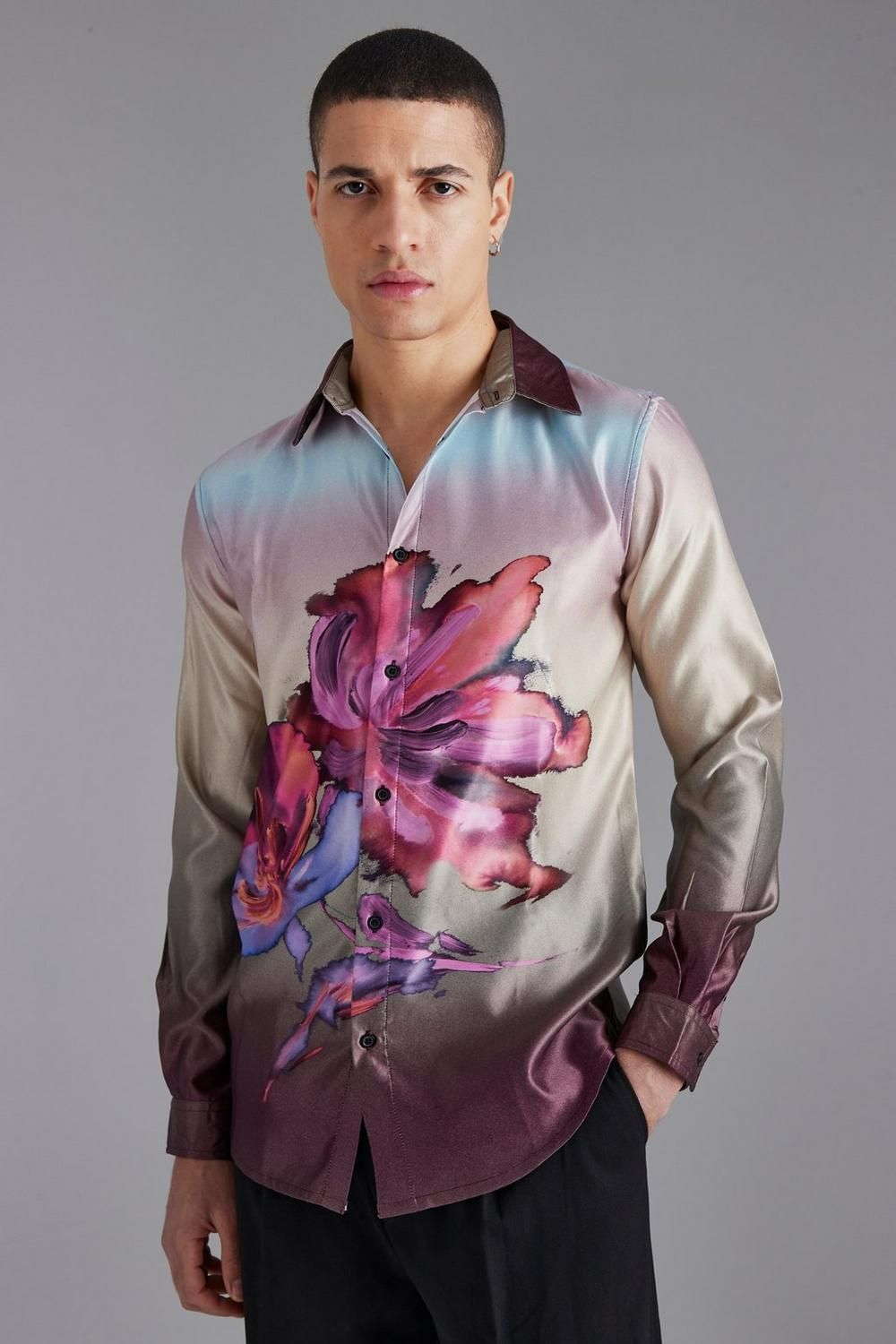 Long Sleeve Heavy Satin Floral Multi Print Shirt Size: M