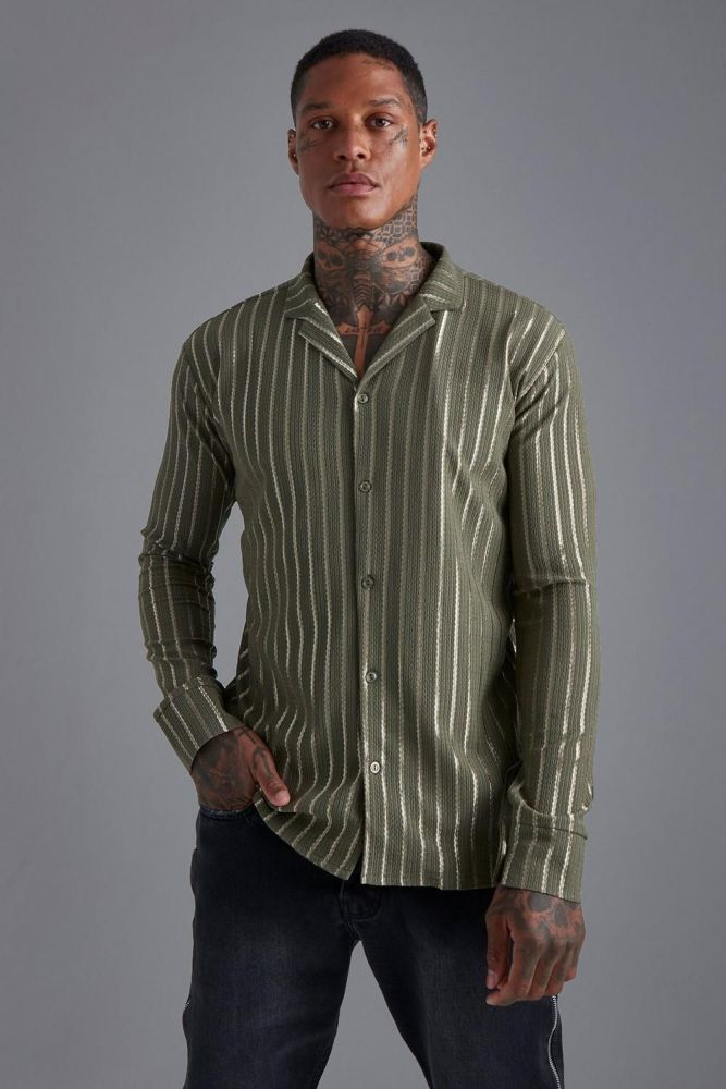 Long Sleeve Stripe Stretch Fit Shirt Size: XS