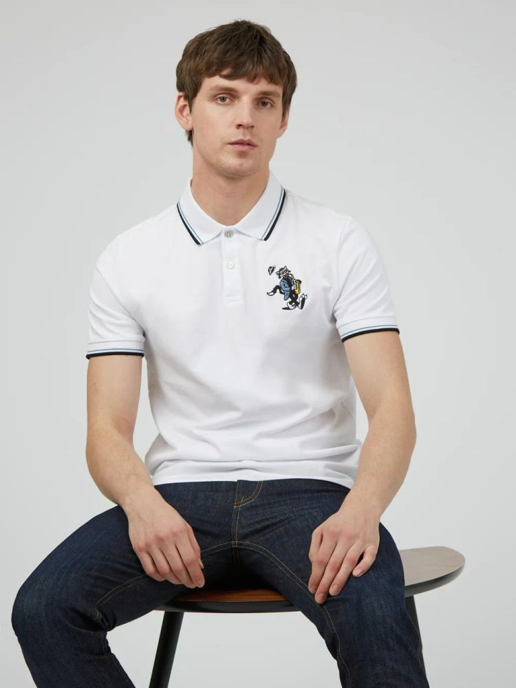 Ben Sherman Jazz Cat Embroidered White Polo Size: L