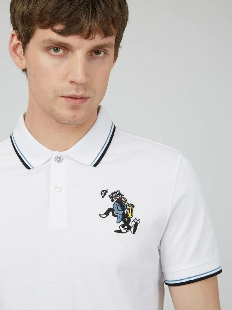 Ben Sherman Jazz Cat Embroidered White Polo Size: L