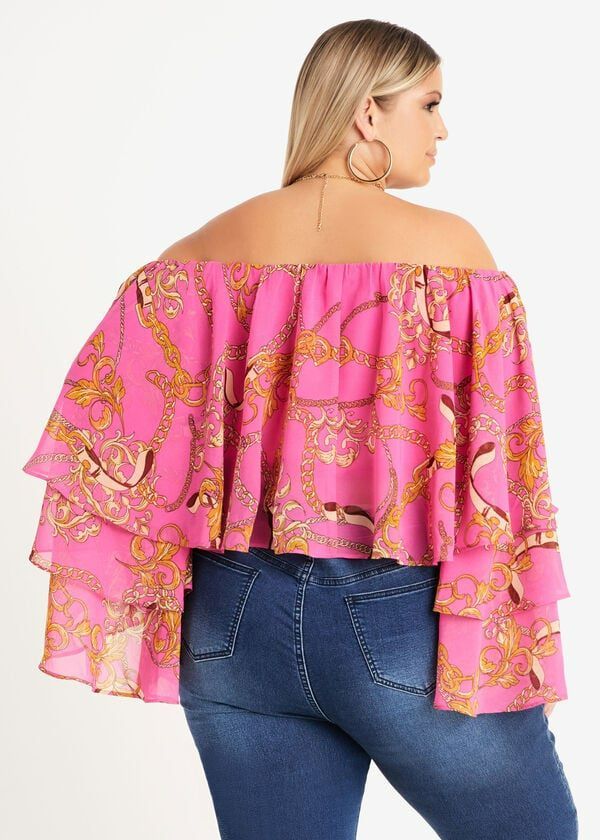 Fuchsia Red Off-The-Shoulder Status Print Long Sleeve Blouse Size: 22/24