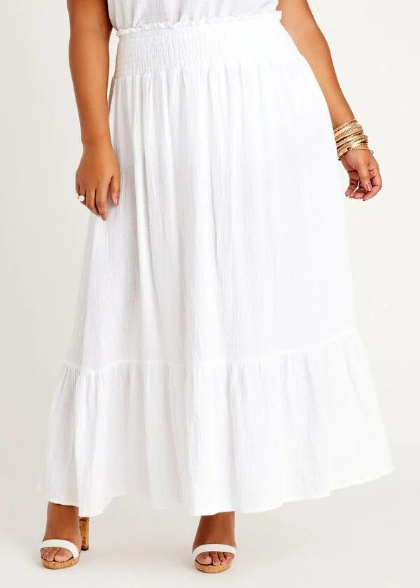 White Smocked Textured Gauze Maxi Skirt Size: 14/16