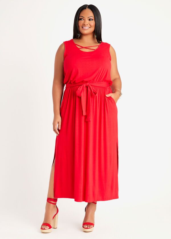 Red Short Belted Lattice Maxi Dress Size: 10