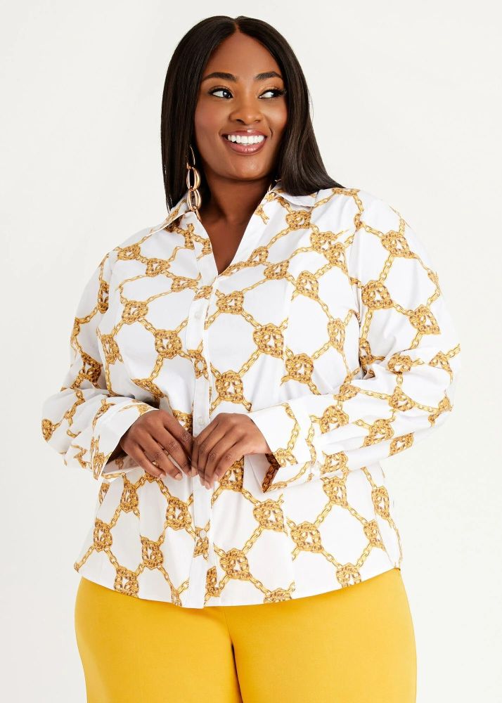 Chain Print Long Sleeve Poplin Shirt Size: 16