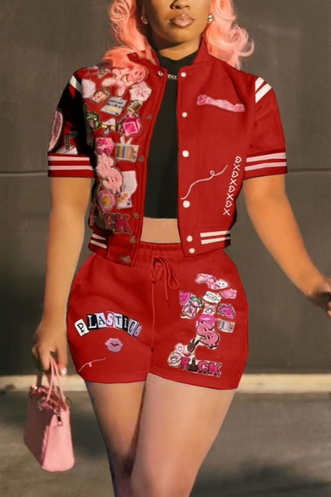 Red Casual Printed Baseball Jersey Short Set Size: L